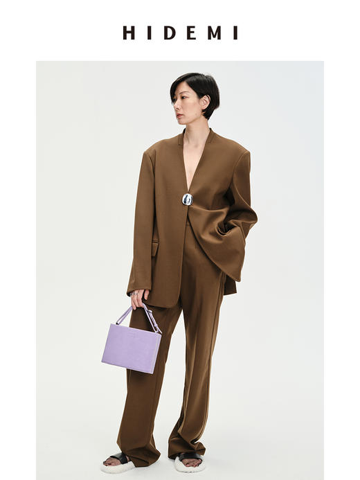 HIDEMI 简约廓形西装三件套西装/马夹/长裤 巧克力棕/黑色 商品图0