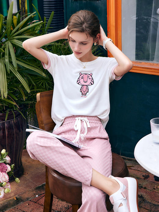 OLrain法式白色套头针织衫女夏季2022年新款修身刺绣圆领短袖上衣 商品图2