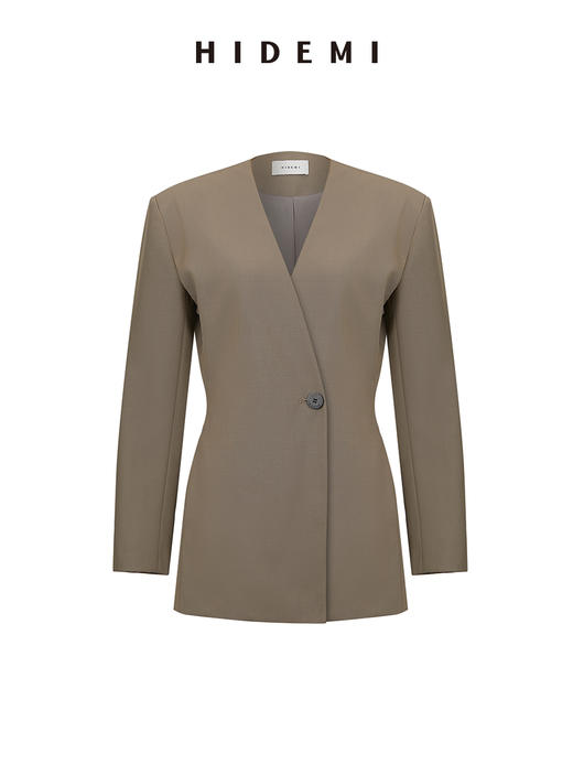 HIDEMI 卡其色V领设计感一粒扣收腰式西装外套 商品图10