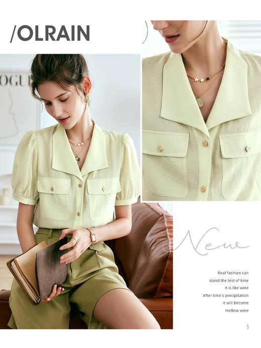 欧芮儿OLrain法式翻领衬衫女夏季2022新款时尚肌理感泡泡袖小衫 商品图2