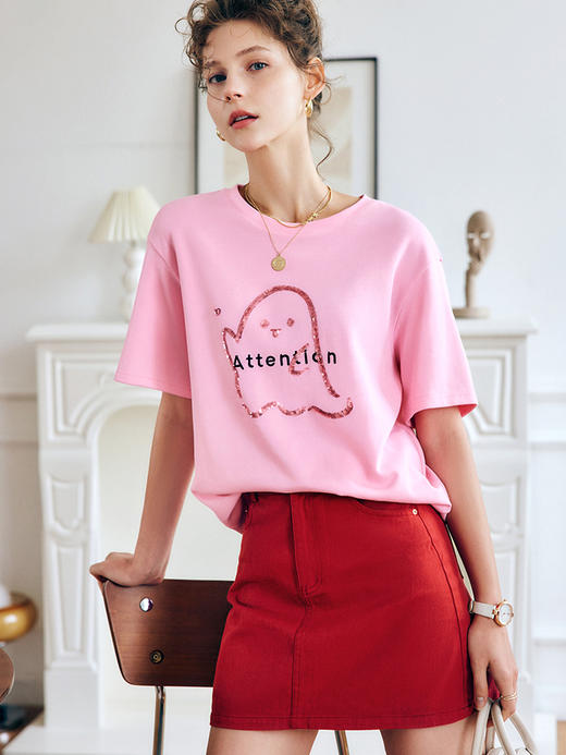 OLrain法式高级穿搭粉色短袖t恤女夏季2022年新款珠片绣宽松上衣 商品图1