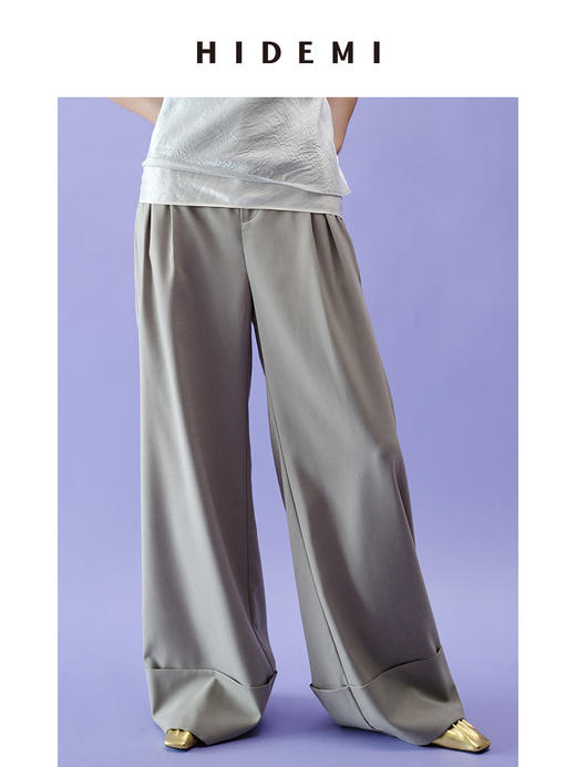 HIDEMI 简约设计感卷边直筒裤 灰色/藕粉色 商品图4