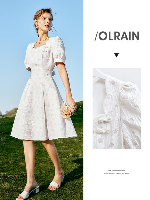 OLrain法式高级穿搭白色方领连衣裙女夏2022新款气质提花短袖裙子 商品图1