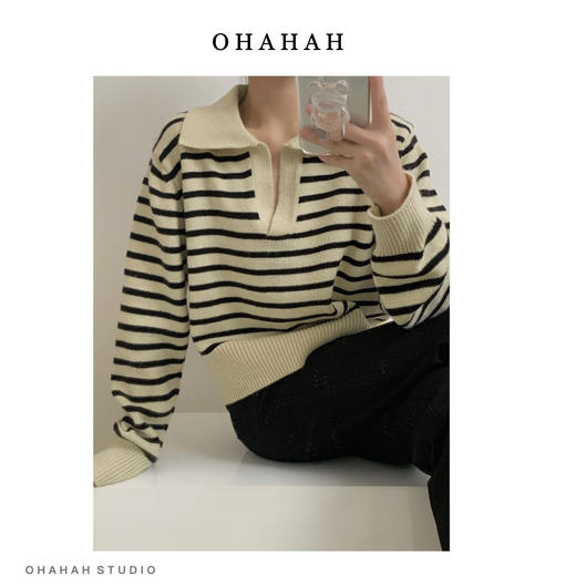 【限时折扣】韩版V领条纹撞色针织衫（米白色/黑色）均码 商品图5