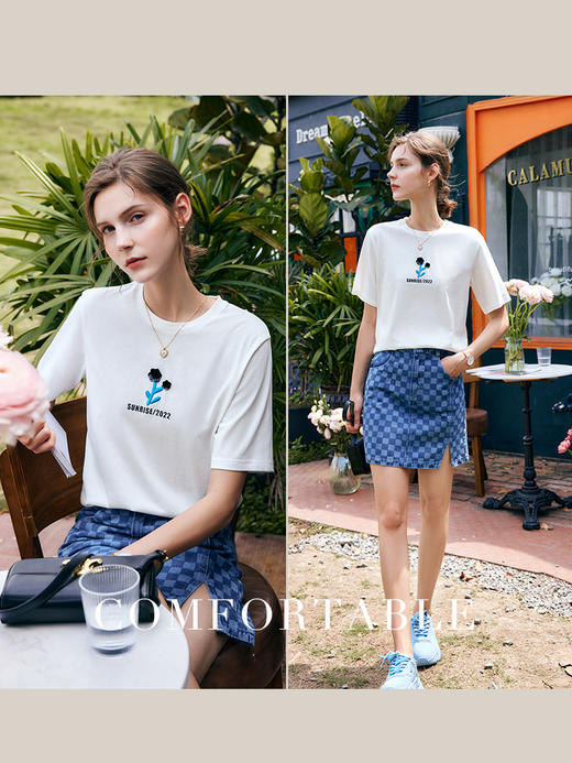 OLrain法式白色短袖t恤女夏季2022年新款宽松刺绣设计感撞色上衣 商品图2