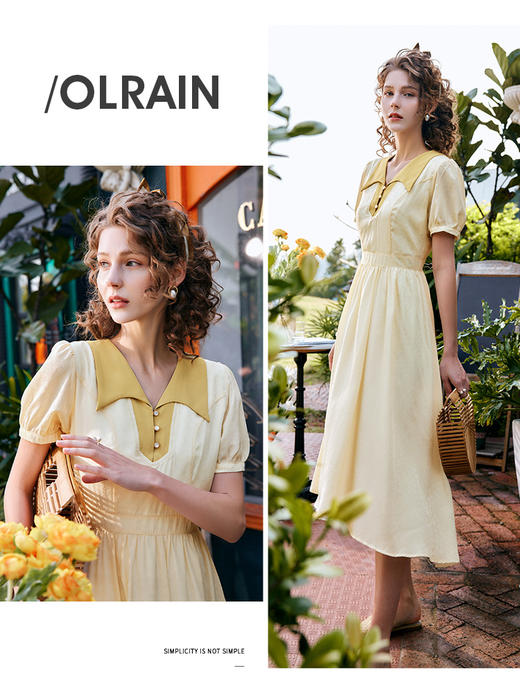 欧芮儿POLO领连衣裙女夏季2022年新款高腰法式复古假两件a字裙子 商品图0