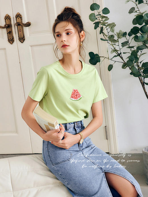OLrain法式绿色短袖t恤女夏季2022新款宽松显瘦百搭西瓜圆领上衣 商品图2
