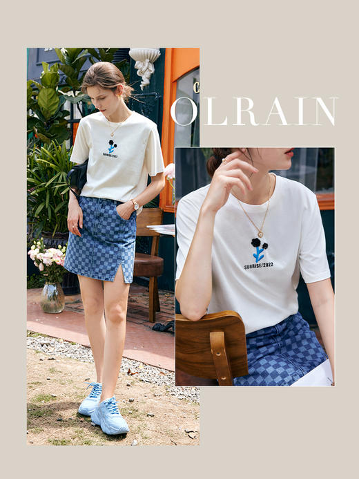OLrain法式白色短袖t恤女夏季2022年新款宽松刺绣设计感撞色上衣 商品图1