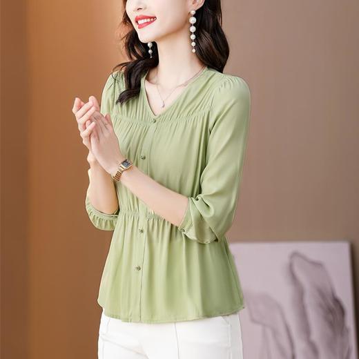 薄荷绿V领衬衫女收腰显瘦新款法式长袖衬衣设计感早秋上衣KQLB41N3936 商品图0