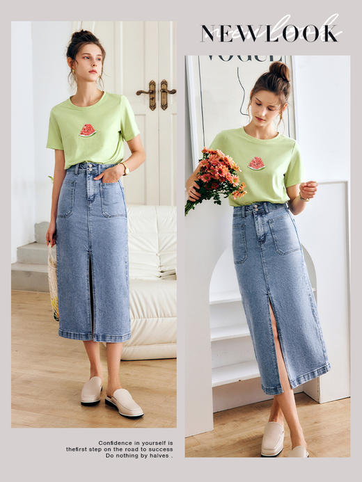 OLrain法式牛仔半身裙女夏季2022新款高腰气质显瘦开叉包臀A字裙 商品图3