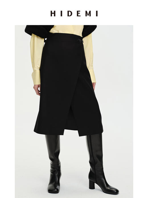 HIDEMI 黑色不对称开衩设计感拼皮扣半身裙皮裙 商品图3