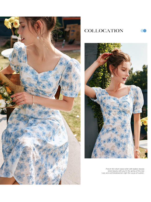 欧芮儿碎花连衣裙女夏季2022年新款收腰时尚法式方领泡泡袖茶歇裙 商品图3