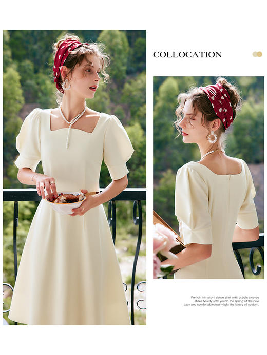 OLrain法式高级穿搭方领短袖连衣裙女夏季2022新款气质宫廷风裙子 商品图0
