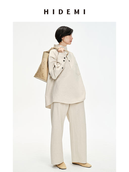 HIDEMI 立领纽扣口袋设计感自然厚款粗亚麻极简套装 上衣/九分裤 米杏色/黑色 商品图5