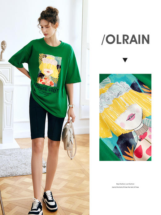 OLrain法式绿色短袖T恤女夏季2022新款宽松显瘦圆领印花短袖上衣 商品图0
