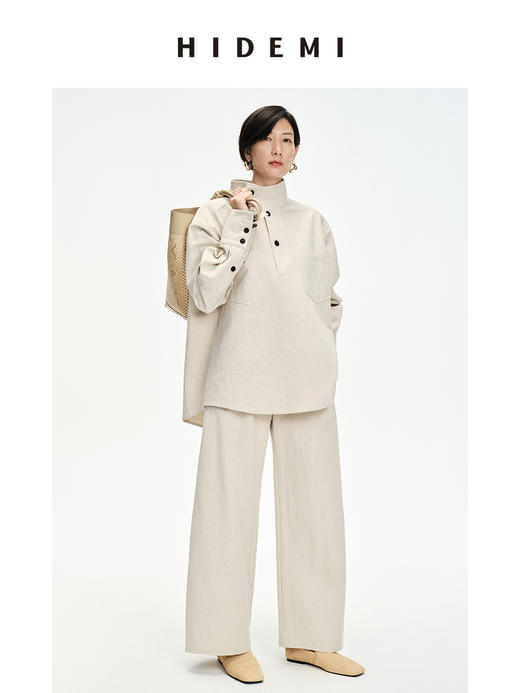 HIDEMI 立领纽扣口袋设计感自然厚款粗亚麻极简套装 上衣/九分裤 米杏色/黑色 商品图4