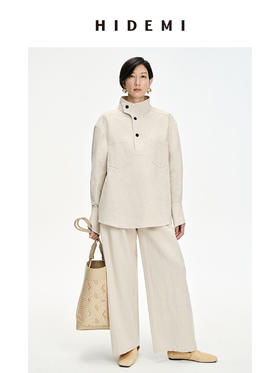 HIDEMI 立领纽扣口袋设计感自然厚款粗亚麻极简套装 上衣/九分裤 米杏色/黑色
