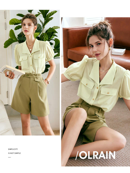欧芮儿OLrain法式翻领衬衫女夏季2022新款时尚肌理感泡泡袖小衫 商品图1