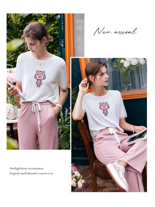 OLrain法式白色套头针织衫女夏季2022年新款修身刺绣圆领短袖上衣 商品图3