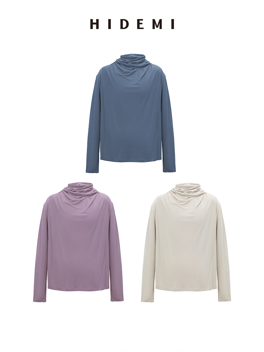 HIDEMI 亲肤柔润感涟漪堆堆领针织上衣 米色/藕粉色/灰蓝色