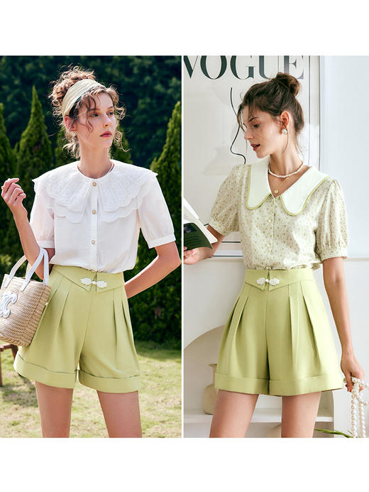 OLrain法式高级穿搭短款休闲裤女夏季2022新款高腰盘扣直筒阔腿裤 商品图3