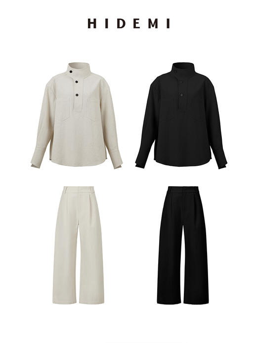 HIDEMI 立领纽扣口袋设计感自然厚款粗亚麻极简套装 上衣/九分裤 米杏色/黑色 商品图12