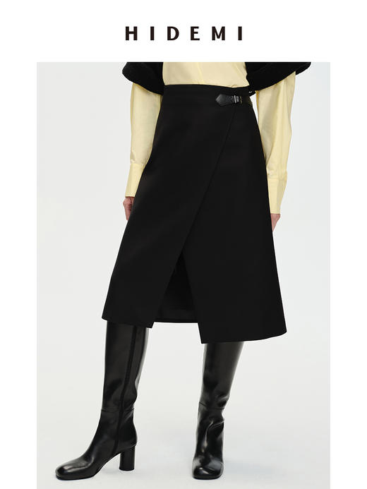 HIDEMI 黑色不对称开衩设计感拼皮扣半身裙皮裙 商品图2