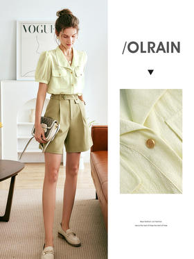 欧芮儿OLrain法式翻领衬衫女夏季2022新款时尚肌理感泡泡袖小衫