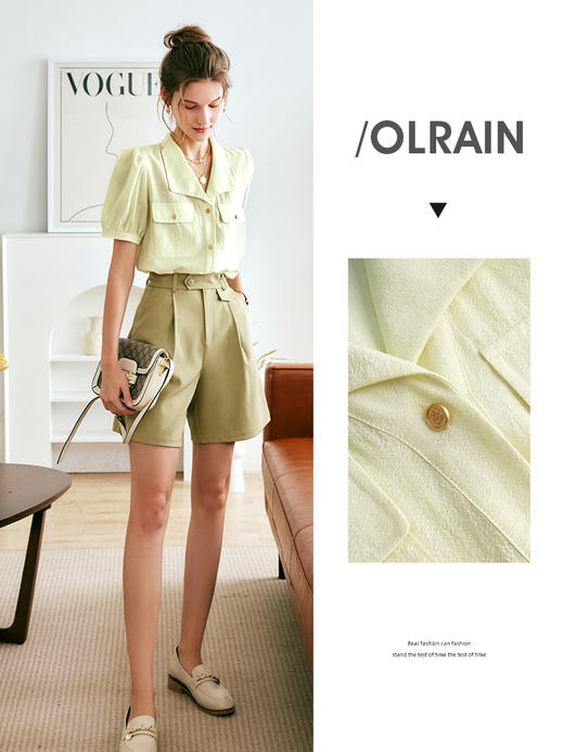 欧芮儿OLrain法式翻领衬衫女夏季2022新款时尚肌理感泡泡袖小衫 商品图0