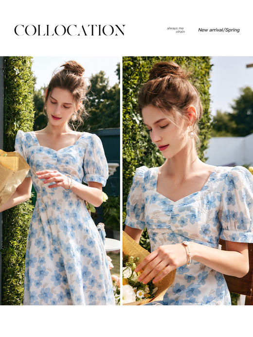 欧芮儿碎花连衣裙女夏季2022年新款收腰时尚法式方领泡泡袖茶歇裙 商品图2