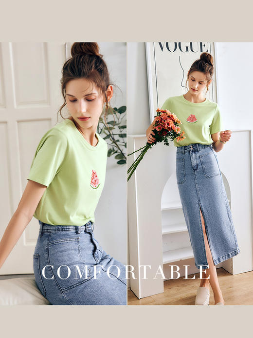 OLrain法式绿色短袖t恤女夏季2022新款宽松显瘦百搭西瓜圆领上衣 商品图1