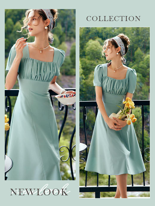 OLrain法式高级穿搭纯色短袖连衣裙女夏季2022新款方领设计感裙子 商品图1