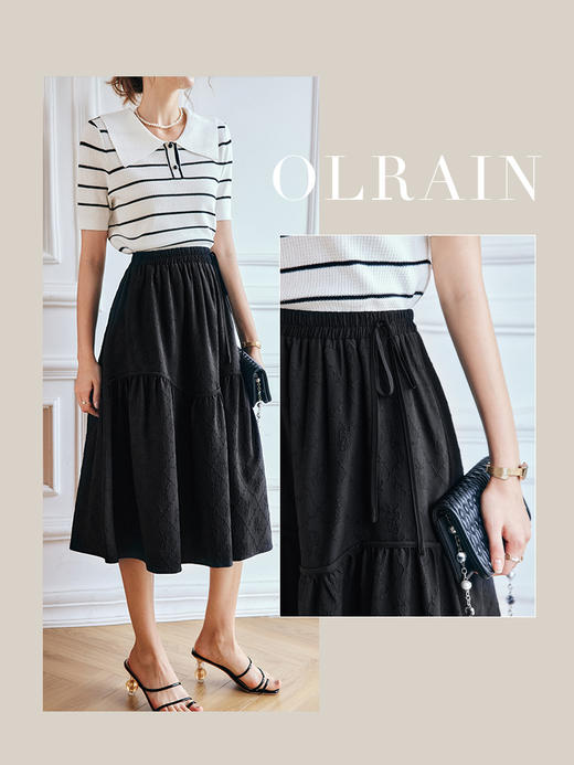 OLrain法式高级穿搭黑色半身裙女夏季2022新款高腰显瘦提花肌理裙 商品图0