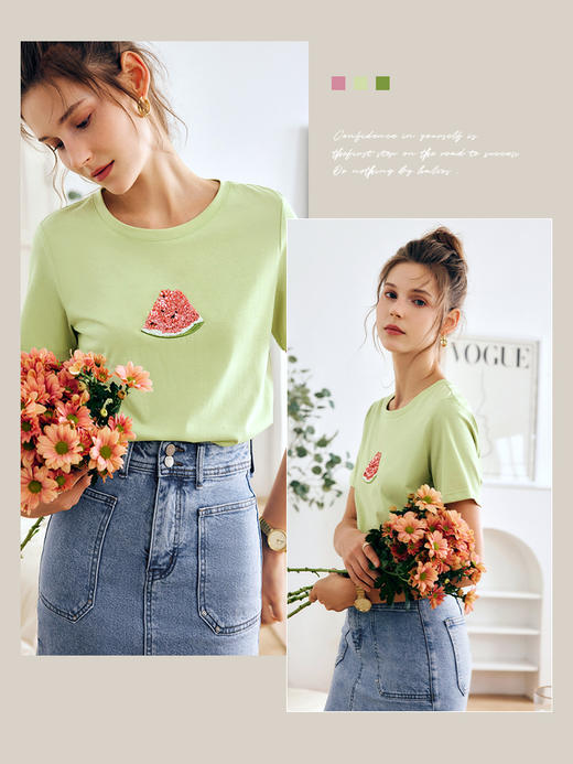 OLrain法式绿色短袖t恤女夏季2022新款宽松显瘦百搭西瓜圆领上衣 商品图3