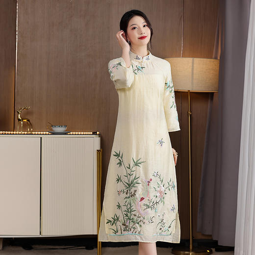夏季新款女式中式花鸟刺绣天丝锦提花刺绣改良旗袍裙  LX22055 商品图1