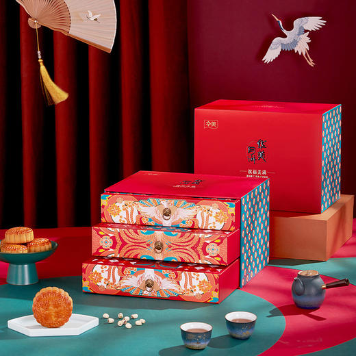 华美中秋月饼礼盒祝福美满1100g（箱装三层礼盒） 商品图1