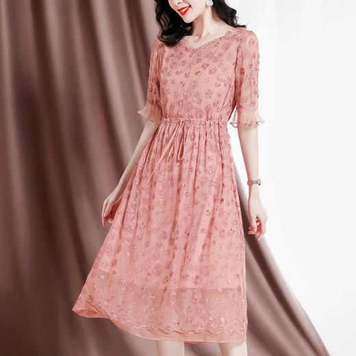 气质修身，刺绣碎花新款桑蚕丝优雅连衣裙SM-82296551 商品图2