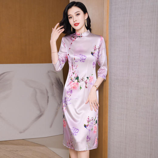 真丝改良旗袍，桑蚕丝年轻气质七分袖印花复古连衣裙KQN-27362 商品图0