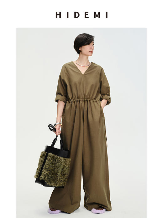 HIDEMI 铜绿色抽绳水洗棉设计感连体裤 商品图2