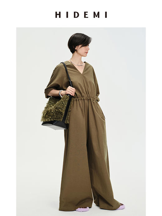 HIDEMI 铜绿色抽绳水洗棉设计感连体裤 商品图5