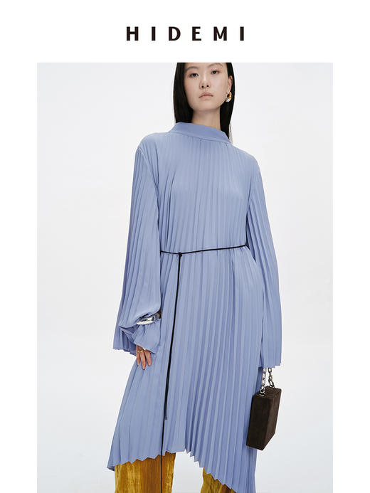 HIDEMI 风铃蓝立领设计感百褶风琴不规则下摆连衣裙 商品图4