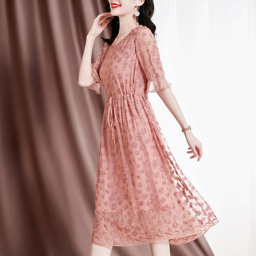 气质修身，刺绣碎花新款桑蚕丝优雅连衣裙SM-82296551 商品图3