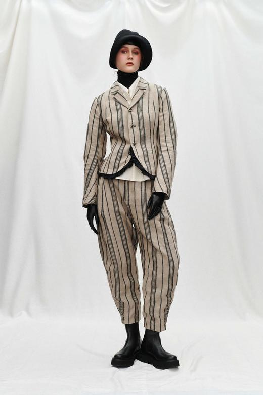 Renlisu  亚麻色松紧腰条纹弧形裤 商品图0