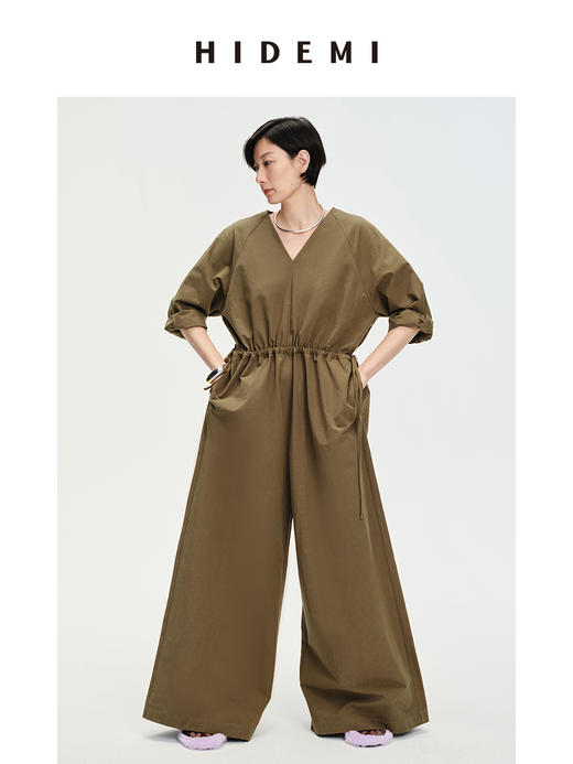 HIDEMI 铜绿色抽绳水洗棉设计感连体裤 商品图6