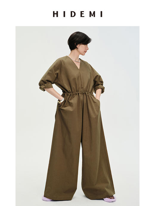 HIDEMI 铜绿色抽绳水洗棉设计感连体裤 商品图8