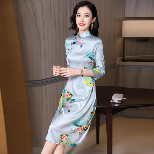 真丝改良旗袍，桑蚕丝年轻气质七分袖印花复古连衣裙KQN-27362 商品图3