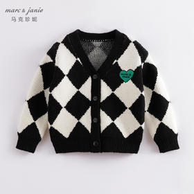 马克珍妮秋装新款 男童黑白菱格柔蓝绒针织衫 儿童外套221515