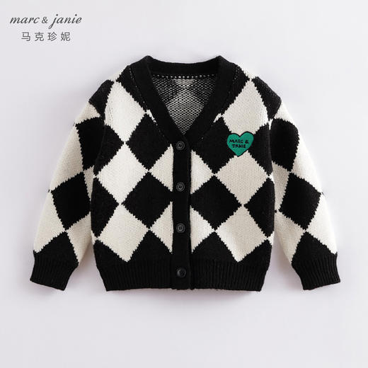 马克珍妮秋装新款 男童黑白菱格柔蓝绒针织衫 儿童外套221515 商品图0