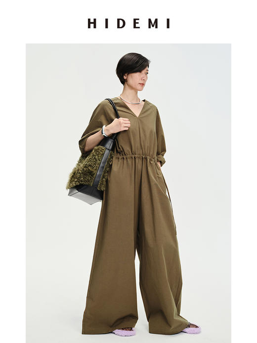 HIDEMI 铜绿色抽绳水洗棉设计感连体裤 商品图0