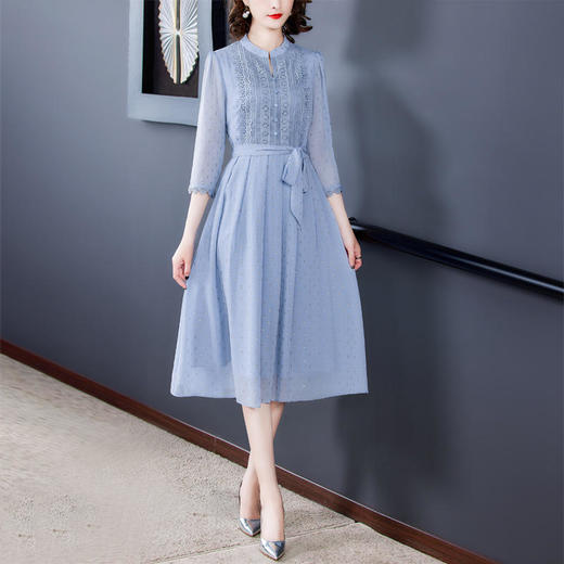 优雅百搭，显瘦过膝长款长裙蓝色雪纺蕾丝连衣裙HT-N-A11-323 商品图0